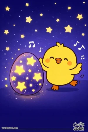 A happy chick dances beside a big egg decorated with stars under a night sky filled with simple stars and music notes.