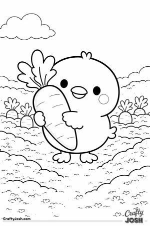 A cute chick is holding a large carrot while standing in a garden patch with rounded dirt mounds and small carrots in the background