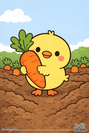 A cute chick is holding a large carrot while standing in a garden patch with rounded dirt mounds and small carrots in the background