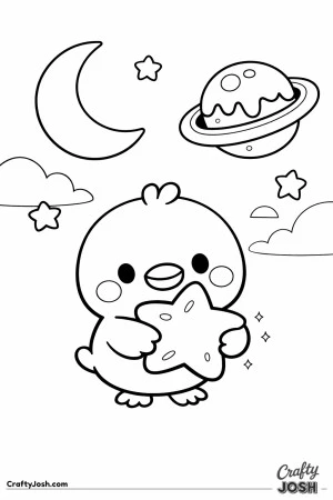 A cute baby chick is holding a large glowing star under a twilight sky with a crescent moon and a chocolate planet
