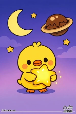 A cute baby chick is holding a large glowing star under a twilight sky with a crescent moon and a chocolate planet