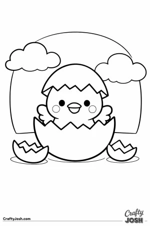 A cute baby chick is hatching out of a cracked egg, with two broken shell pieces on the ground and fluffy clouds in the sky