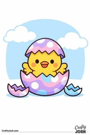 A cute baby chick is hatching out of a cracked egg, with two broken shell pieces on the ground and fluffy clouds in the sky