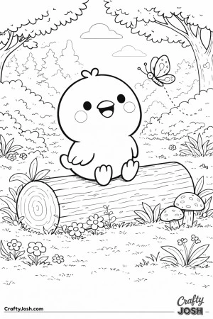This coloring page shows a cute chick sitting on a log in a simple forest while watching a butterfly flutter nearby, with trees, bushes, flowers, and ..