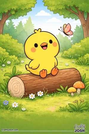 This coloring page shows a cute chick sitting on a log in a simple forest while watching a butterfly flutter nearby, with trees, bushes, flowers, and ..