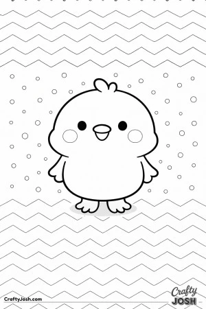 A cute chick stands in the center with a zigzag and dotted pattern filling the background.