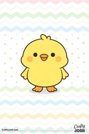 A cute chick stands in the center with a zigzag and dotted pattern filling the background.