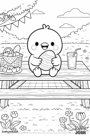 This coloring page shows a cute chick sitting on a picnic table while holding a striped Easter egg, with a picnic basket, fruit, a drink, bunting ..