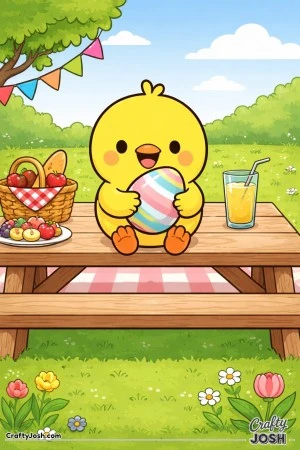 This coloring page shows a cute chick sitting on a picnic table while holding a striped Easter egg, with a picnic basket, fruit, a drink, bunting ..