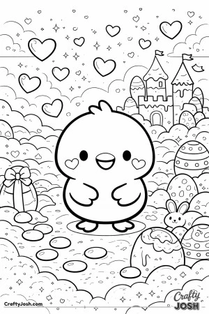 A cute chick with heart-shaped blush cheeks is standing in a chocolate fantasy world filled with floating hearts, decorated eggs, candy pieces, and a ..
