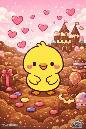 A cute chick with heart-shaped blush cheeks is standing in a chocolate fantasy world filled with floating hearts, decorated eggs, candy pieces, and a ..