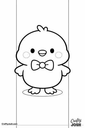 A cute chick wearing a bow tie stands in front of a striped wall with big simple shapes and bold outlines.