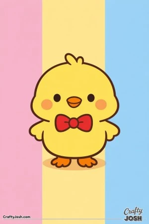 A cute chick wearing a bow tie stands in front of a striped wall with big simple shapes and bold outlines.