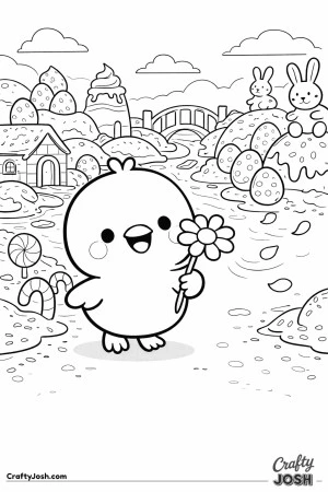 This coloring page shows a cute chick holding a daisy while flower petals float through the air in a chocolate candy world with Easter eggs, bunnies, ..