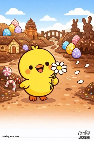 This coloring page shows a cute chick holding a daisy while flower petals float through the air in a chocolate candy world with Easter eggs, bunnies, ..