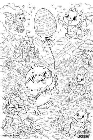 A happy chick wearing sunglasses is holding an egg-shaped balloon while friendly dragons fly and play around a castle, river, and mountains