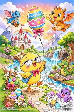 A happy chick wearing sunglasses is holding an egg-shaped balloon while friendly dragons fly and play around a castle, river, and mountains