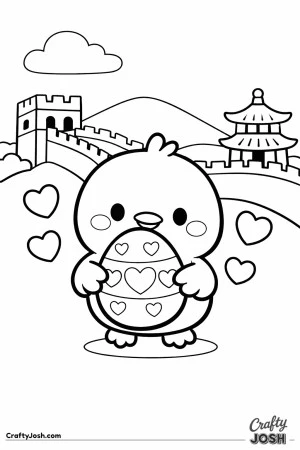 A cute baby chick is holding a heart-decorated egg while floating hearts surround it, with a simple wall, pagoda, hills, and a cloud in the background