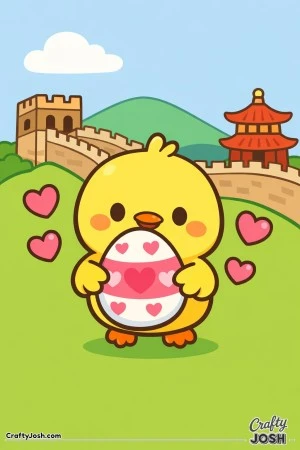 A cute baby chick is holding a heart-decorated egg while floating hearts surround it, with a simple wall, pagoda, hills, and a cloud in the background