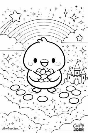 A happy little chick is holding a big handful of jellybeans, with a rainbow, clouds, stars, and a small castle in the background