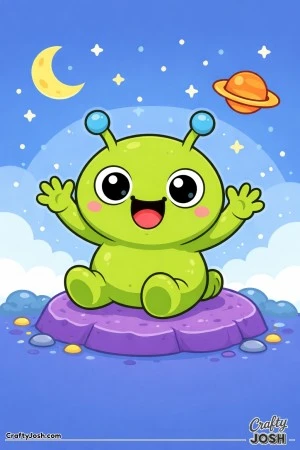 This image shows a cheerful alien sitting on a rock and waving with both hands, surrounded by stars, a moon, and a planet in outer space