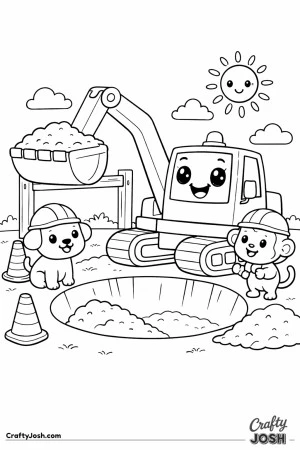 This coloring page shows a cute digger with big sparkling eyes and a wide smile working at a playful construction site with a puppy and monkey ..