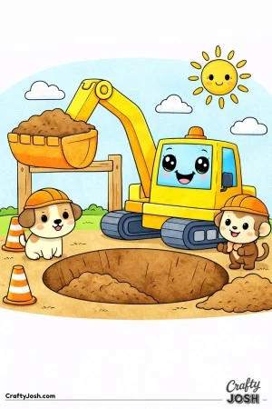 This coloring page shows a cute digger with big sparkling eyes and a wide smile working at a playful construction site with a puppy and monkey ..