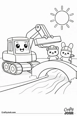 This cute digger coloring page features a happy excavator holding a large beam while a bear and bunny construction helpers stand beside a simple ..