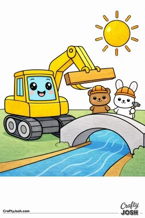 This cute digger coloring page features a happy excavator holding a large beam while a bear and bunny construction helpers stand beside a simple ..