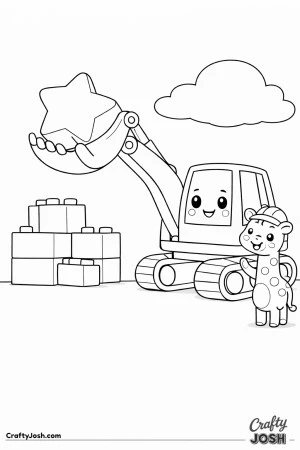 This coloring page shows a cute rounded digger lifting a large star-shaped block while a tall giraffe helper wearing a helmet stands beside stacked ..