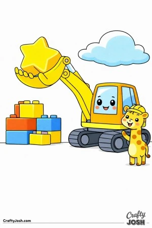 This coloring page shows a cute rounded digger lifting a large star-shaped block while a tall giraffe helper wearing a helmet stands beside stacked ..