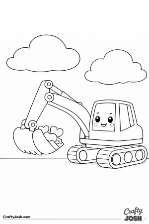 This coloring page shows a cute rounded digger with big oval eyes and a happy smile under two large balloon-shaped clouds