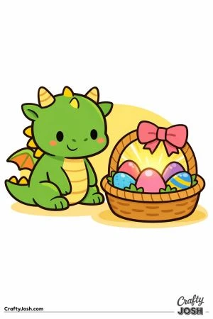 A cute baby dragon sits beside a glowing Easter egg basket filled with decorated eggs and topped with a big bow