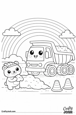 This dump truck coloring page shows a rounded construction vehicle with a tilted dump bed under a large rainbow