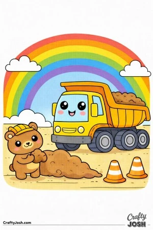 This dump truck coloring page shows a rounded construction vehicle with a tilted dump bed under a large rainbow