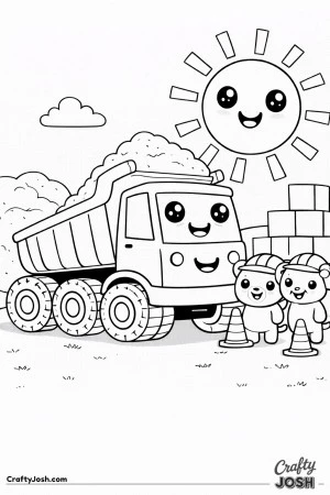 This hero-style kawaii dump truck features a tilted bed, oversized wheels, and a confident smiling face surrounded by a bear, puppy, and monkey ..