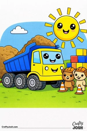 This hero-style kawaii dump truck features a tilted bed, oversized wheels, and a confident smiling face surrounded by a bear, puppy, and monkey ..