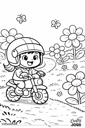 This coloring page shows a smiling young girl riding a small motorcycle along a garden path filled with big flowers and butterflies.