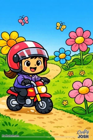 This coloring page shows a smiling young girl riding a small motorcycle along a garden path filled with big flowers and butterflies.