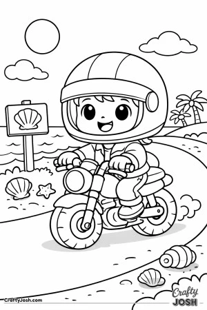 This under-5s motorcycle coloring page shows a happy child riding a small, bike along a beach path with seaside details.