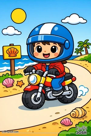 This under-5s motorcycle coloring page shows a happy child riding a small, bike along a beach path with seaside details.