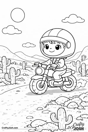 This under-5s motorcycle coloring page shows a boy riding a small motorcycle along a quiet desert path with cactus shapes and rounded hills.