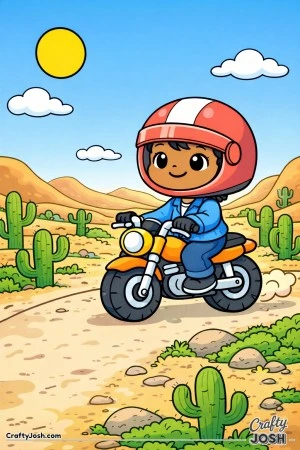 This under-5s motorcycle coloring page shows a boy riding a small motorcycle along a quiet desert path with cactus shapes and rounded hills.