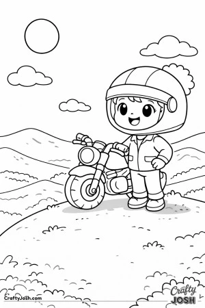 This under-5s motorcycle coloring page shows a happy girl standing beside a parked, motorcycle on a small hill with clouds and rolling hills in the ..