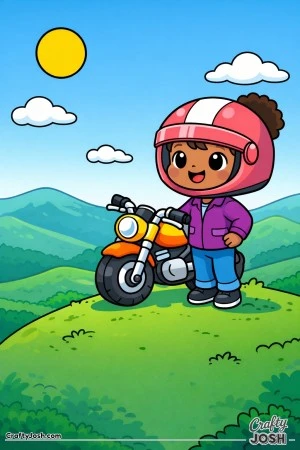 This under-5s motorcycle coloring page shows a happy girl standing beside a parked, motorcycle on a small hill with clouds and rolling hills in the ..