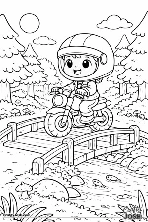This under-5s motorcycle coloring page shows a boy riding a small, motorcycle across a wooden bridge in a forest setting