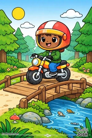 This under-5s motorcycle coloring page shows a boy riding a small, motorcycle across a wooden bridge in a forest setting