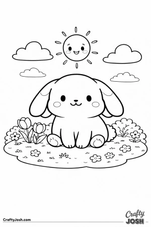 A cute lop-eared bunny is sitting on a grassy patch surrounded by flowers and bushes, with clouds and a smiling sun above