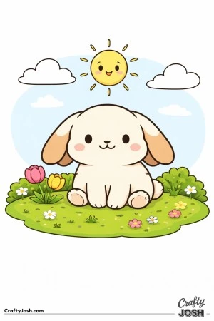A cute lop-eared bunny is sitting on a grassy patch surrounded by flowers and bushes, with clouds and a smiling sun above
