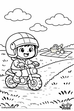 This easy motorcycle coloring page shows a happy young child riding a small bike toward a fun picnic, designed with simple shapes for toddlers and ..